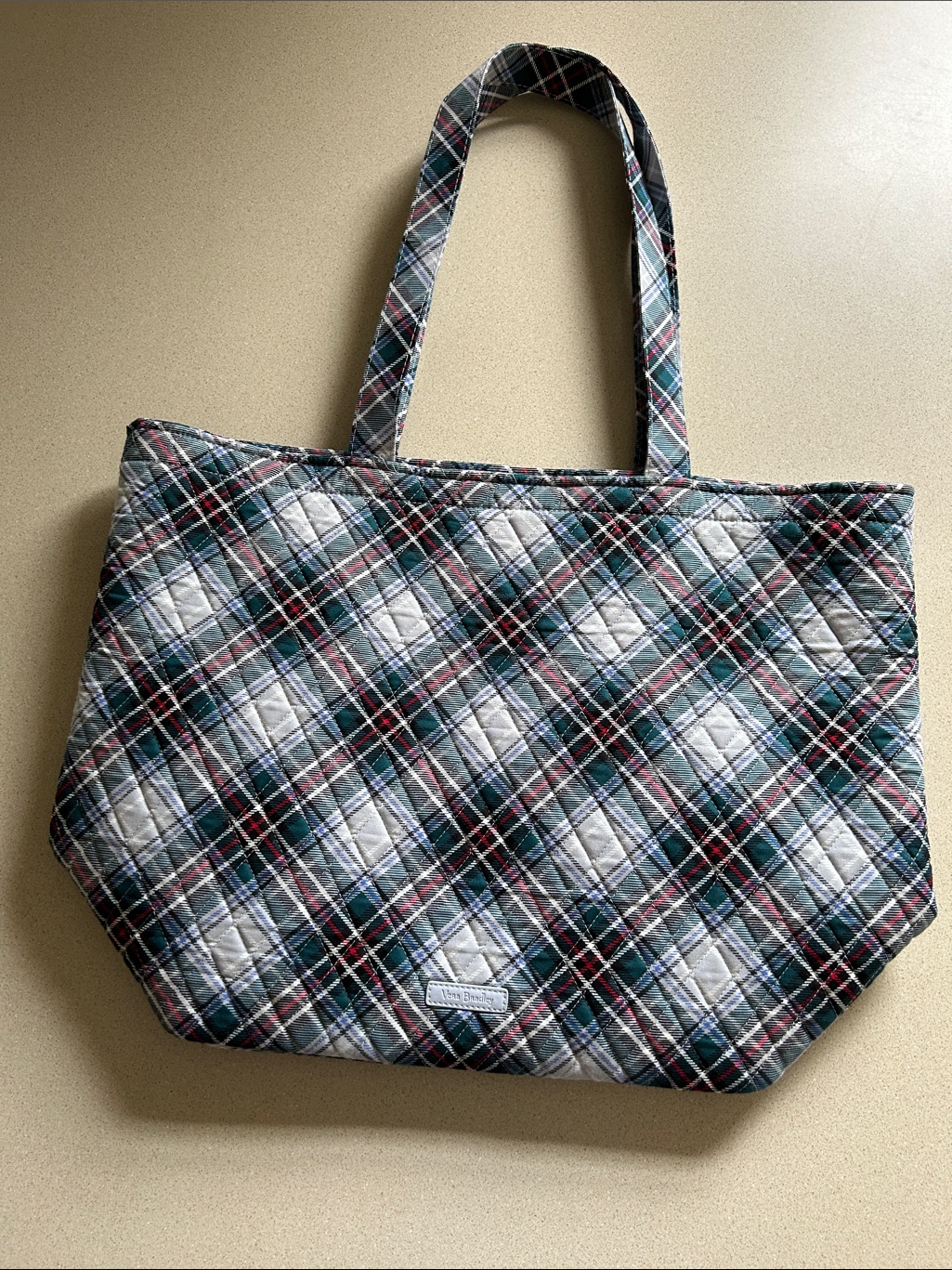 Vera Bradley Quilted Plaid Tote Bag In Teal Black Blue Red Gray White